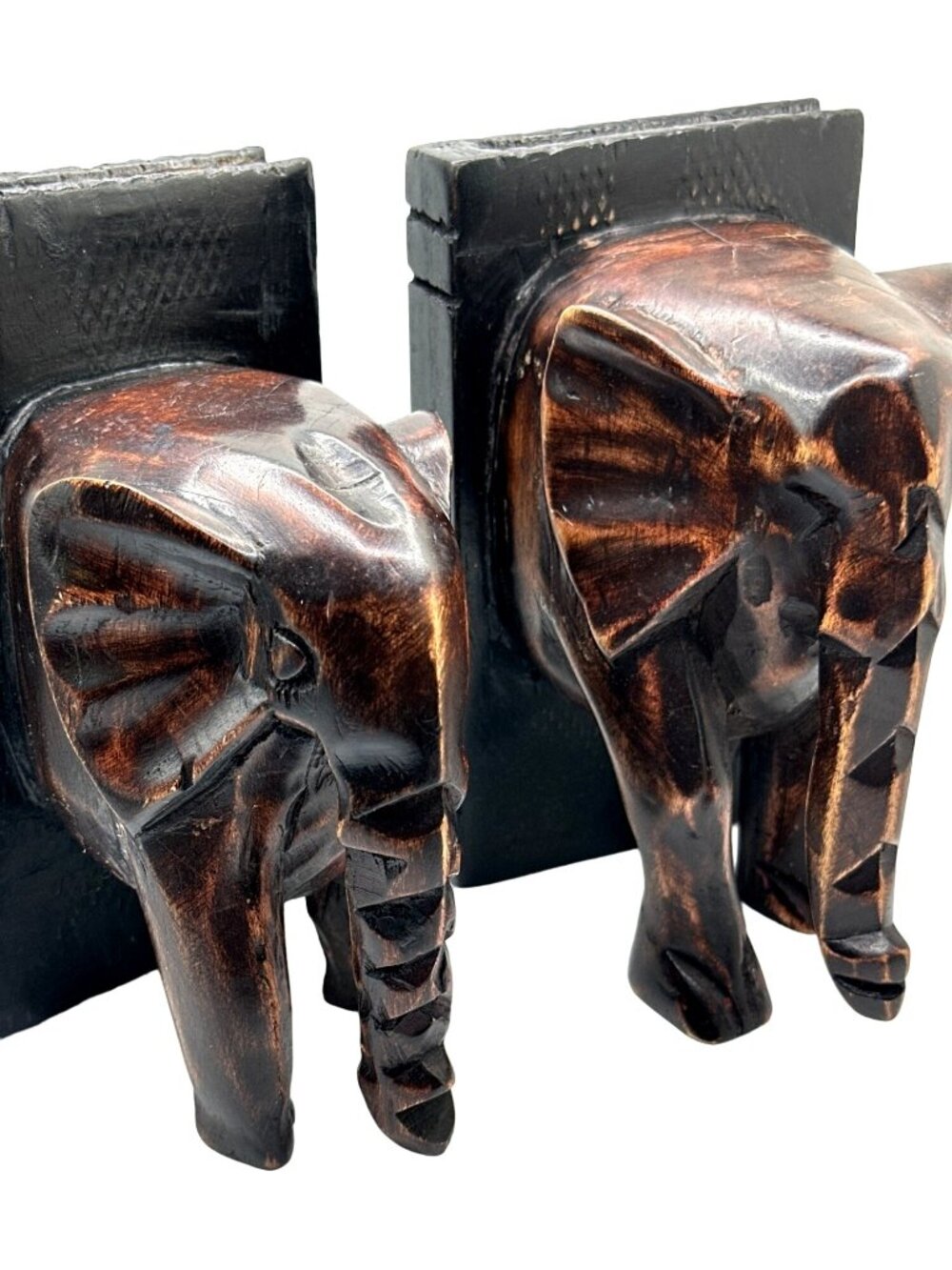 Hand-Carved Wooden Elephant Bookends Safari Zoo
